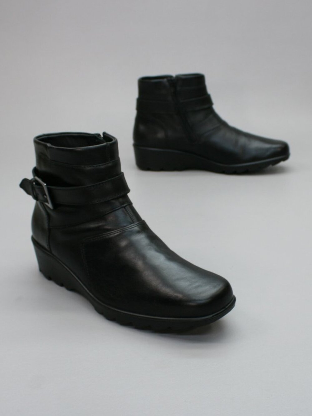 Hotter Ladies 9 US Foxton Black Leather Wedge Heels Side-zip Ankle Boots England